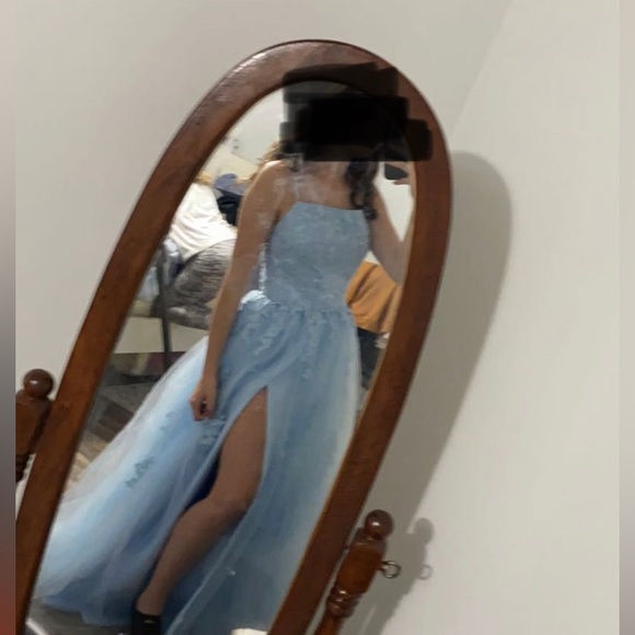 ladypromdress Dresses & Skirts - Light blue adjustable tie Line Tulle Side Slit Long Prom Dress With Appliques